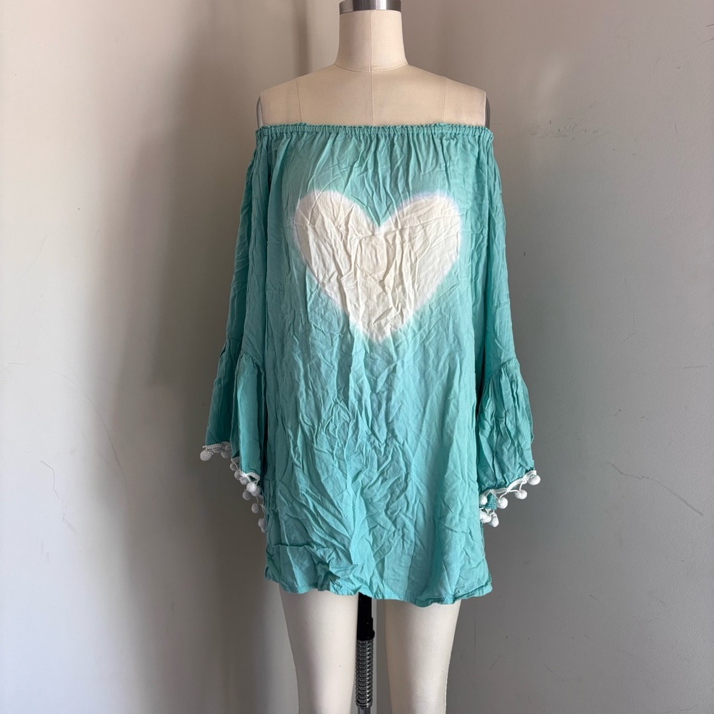 Women's Boho Swim Cover-Up in Aqua with Heart Design